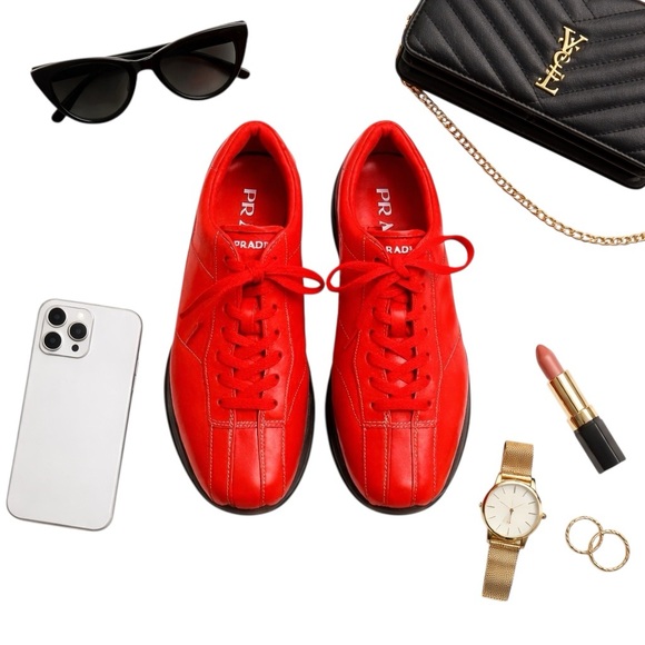 Prada Shoes - Prada Vintage Red Leather Sneakers Women's Size 8 Lace-Up Low Top Logo Sole GUC